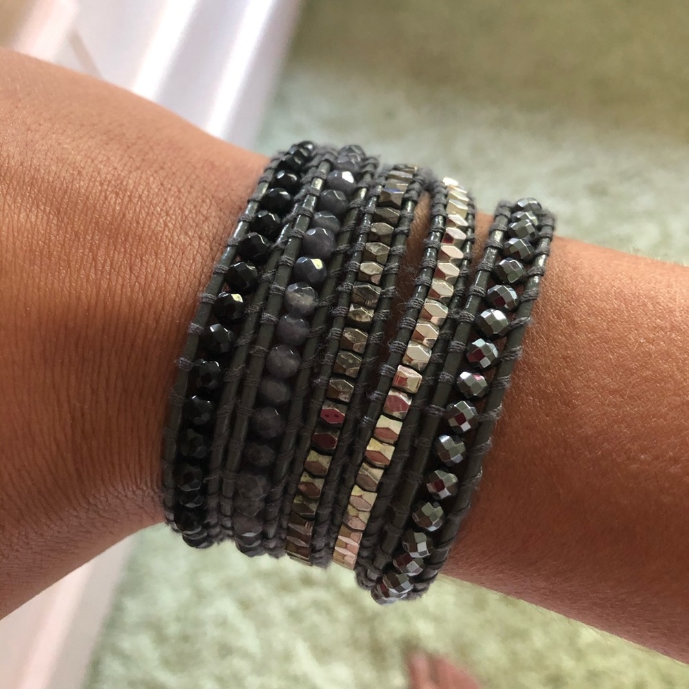 Grey, silver, black beaded wrap bracelet